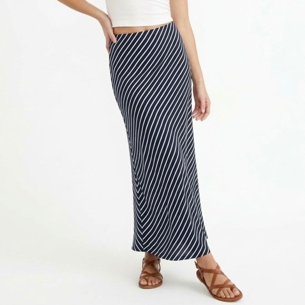 J. Crew Slip Skirt Womens M Navy Blue White Stripe Pull-On Midi Nautical Coastal
